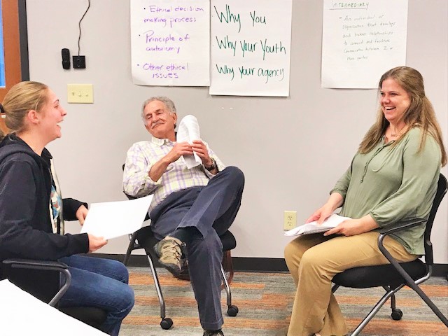 3 People playing out a scene and discussing youth engagement